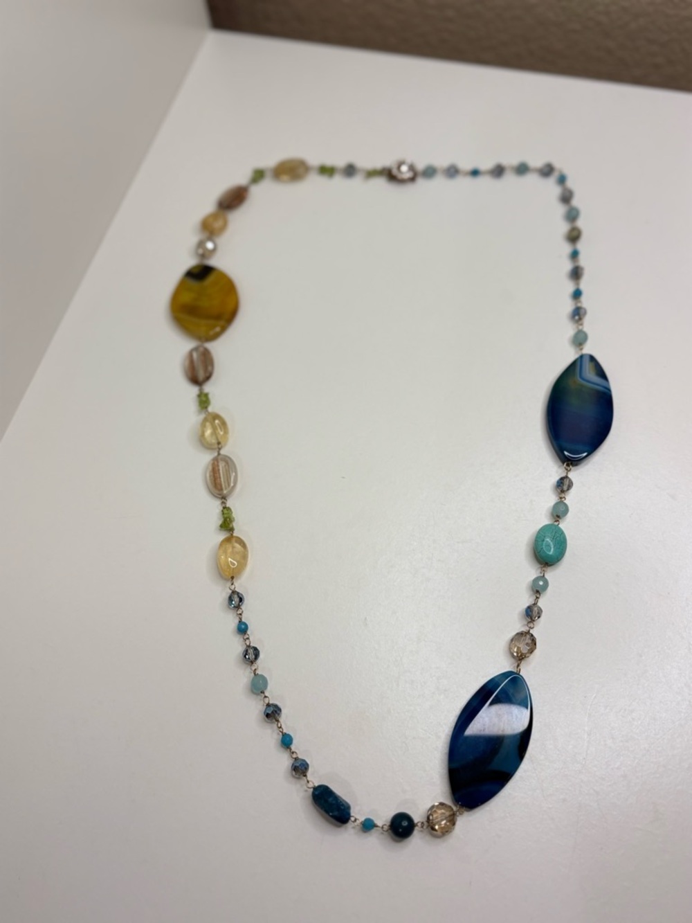 Handcrafted Boho Statement Necklace Banded Agate Turquoise Peridot Wire Wrapped